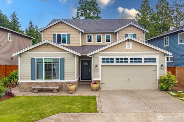 4410 Sentinel Ct, Gig Harbor, WA 98332 - craftsman-style house featuring stone siding, driveway, an attached garage, and a shingled roof