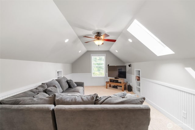 8012 105th Ave SW, Olympia, WA 98512 - living room with a skylight, lofted ceiling, carpet floors, ceiling fan, and recessed lighting