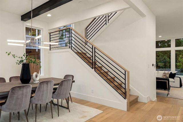 9008 NE 143rd St, Kirkland, WA 98034 - dining space featuring stairs, light wood-type flooring, and recessed lighting