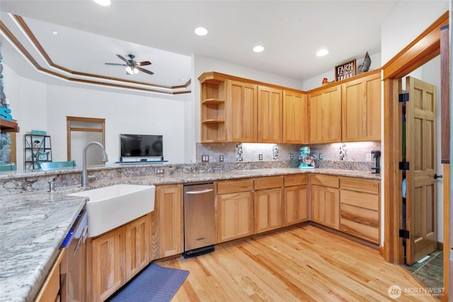 15949 159th Ln SE, Yelm, WA 98597 - kitchen featuring decorative backsplash, ceiling fan, light wood finished floors, light stone counters, and open shelves