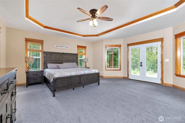 15949 159th Ln SE, Yelm, WA 98597 - bedroom featuring a raised ceiling, multiple windows, access to exterior, and light colored carpet