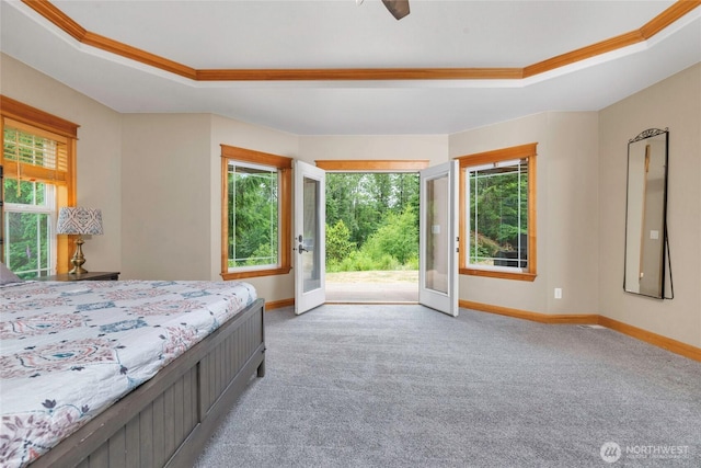 15949 159th Ln SE, Yelm, WA 98597 - bedroom featuring a raised ceiling, access to exterior, light colored carpet, multiple windows, and ornamental molding