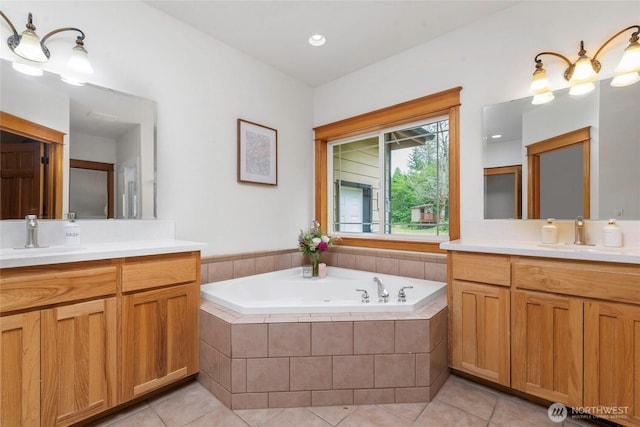 15949 159th Ln SE, Yelm, WA 98597 - full bathroom with tile patterned flooring, two vanities, and a whirlpool tub