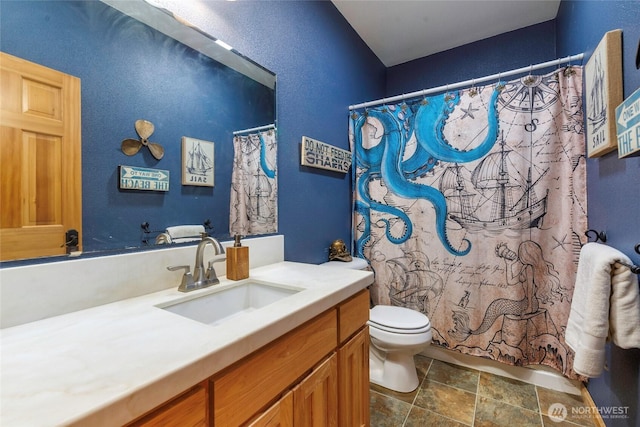 15949 159th Ln SE, Yelm, WA 98597 - bathroom with vanity, stone finish flooring, and a shower with curtain