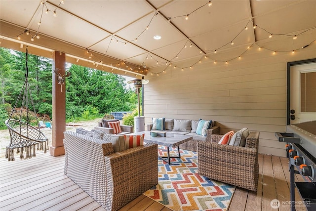 15949 159th Ln SE, Yelm, WA 98597 - wooden deck with outdoor lounge area and a patio area