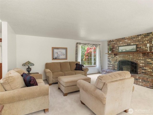 7842 Delphi Rd SW, Olympia, WA 98512 - living area featuring light carpet, a brick fireplace, and a textured ceiling