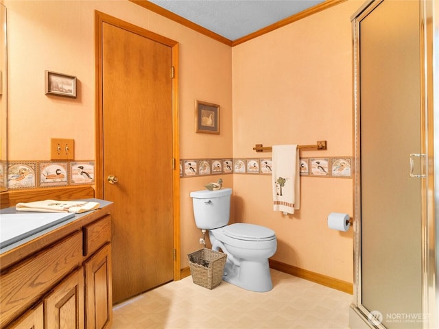 7842 Delphi Rd SW, Olympia, WA 98512 - bathroom with tile patterned floors, a stall shower, vanity, and crown molding