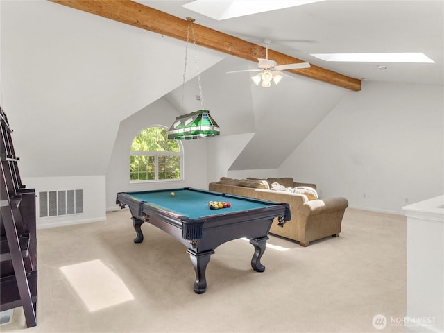 7842 Delphi Rd SW, Olympia, WA 98512 - game room featuring a skylight, light carpet, a ceiling fan, and billiards