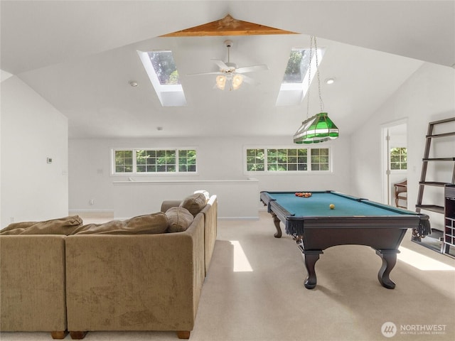 7842 Delphi Rd SW, Olympia, WA 98512 - game room featuring a skylight, lofted ceiling, pool table, carpet flooring, and ceiling fan