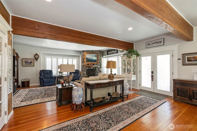 281 Jarvis Rd, Mossyrock, WA 98564 - living room featuring french doors, beamed ceiling, hardwood / wood-style flooring, and recessed lighting