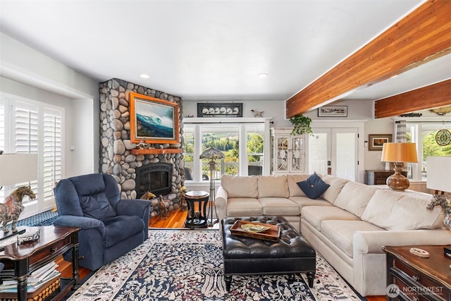 281 Jarvis Rd, Mossyrock, WA 98564 - living area featuring a fireplace, wood finished floors, beam ceiling, and recessed lighting