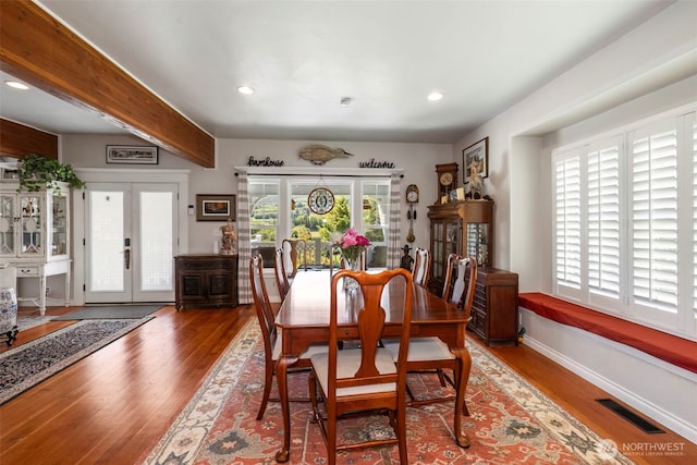 281 Jarvis Rd, Mossyrock, WA 98564 - dining room featuring french doors, wood finished floors, recessed lighting, and beamed ceiling