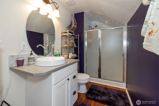 281 Jarvis Rd, Mossyrock, WA 98564 - bathroom with vanity, a shower stall, and wood finished floors