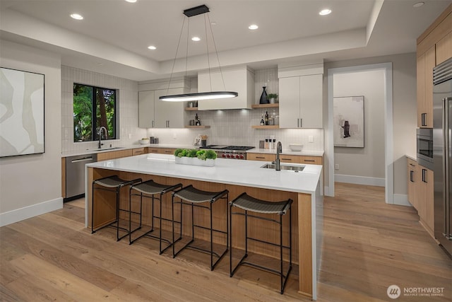 1704 172nd Ct NE, Bellevue, WA 98008 - kitchen featuring stainless steel appliances, open shelves, backsplash, light countertops, and recessed lighting
