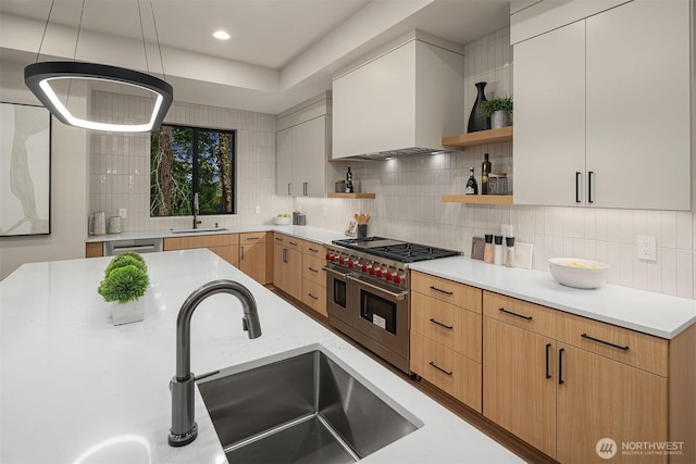 1704 172nd Ct NE, Bellevue, WA 98008 - kitchen featuring range with two ovens, open shelves, backsplash, light countertops, and custom exhaust hood
