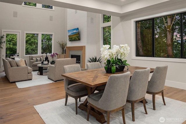 1704 172nd Ct NE, Bellevue, WA 98008 - dining space featuring light wood-style floors, a fireplace, and a high ceiling