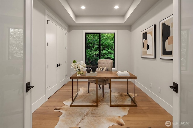 1704 172nd Ct NE, Bellevue, WA 98008 - home office featuring a raised ceiling, light wood finished floors, and recessed lighting