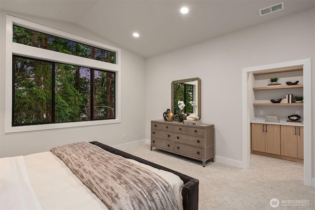 1704 172nd Ct NE, Bellevue, WA 98008 - bedroom featuring light colored carpet, lofted ceiling, and recessed lighting