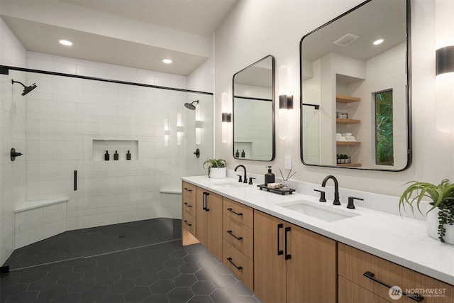 1704 172nd Ct NE, Bellevue, WA 98008 - full bathroom with tile patterned flooring, a stall shower, double vanity, and recessed lighting
