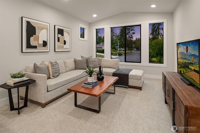 1704 172nd Ct NE, Bellevue, WA 98008 - living room with light carpet, recessed lighting, and vaulted ceiling