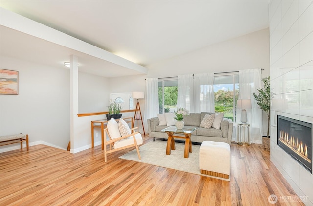 14249 NE 1st St, Bellevue, WA 98007 - living area featuring a fireplace, light wood-type flooring, radiator heating unit, and high vaulted ceiling