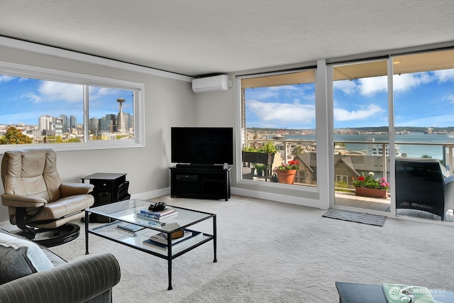 500 W Olympic Pl Unit 401, Seattle, WA 98119 - carpeted living area with a wall mounted air conditioner and baseboards