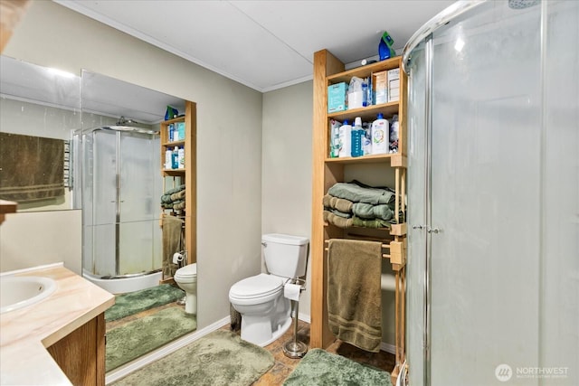 18025 Cedar Ponds Rd, Monroe, WA 98272 - bathroom with a stall shower, vanity, and ornamental molding