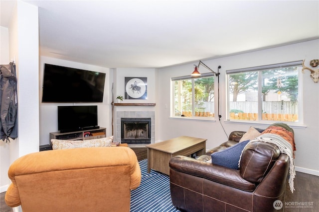 4231 NE 5th St Unit C102, Renton, WA 98059 - living room featuring a tile fireplace and dark wood-style flooring