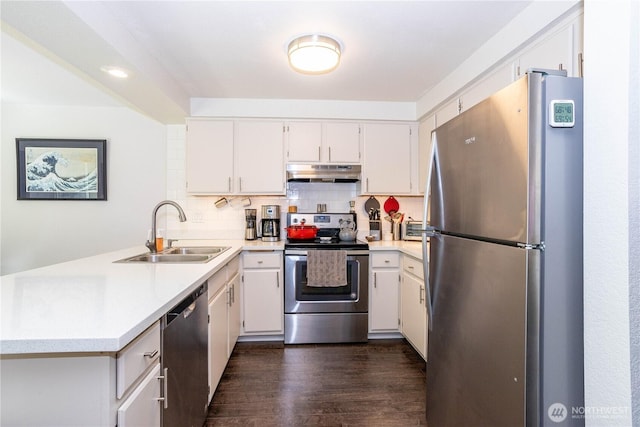 4231 NE 5th St Unit C102, Renton, WA 98059 - kitchen featuring stainless steel appliances, under cabinet range hood, a peninsula, and light countertops