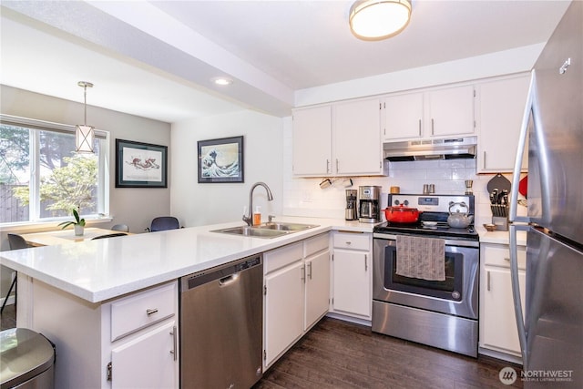 4231 NE 5th St Unit C102, Renton, WA 98059 - kitchen featuring appliances with stainless steel finishes, a peninsula, under cabinet range hood, light countertops, and recessed lighting
