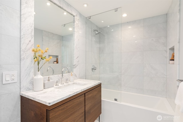 2823 34th Ave S, Seattle, WA 98144 - full bathroom with tile walls, vanity, tub / shower combination, and recessed lighting