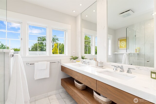 2823 34th Ave S, Seattle, WA 98144 - bathroom with double vanity, a shower stall, and recessed lighting