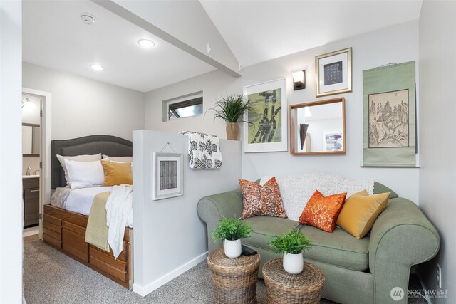 2823 34th Ave S, Seattle, WA 98144 - carpeted bedroom with vaulted ceiling, ensuite bath, and recessed lighting