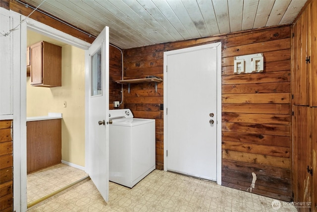 2120 E Spencer Lake Rd, Shelton, WA 98584 - washroom with washer / clothes dryer, wooden walls, light floors, and wooden ceiling