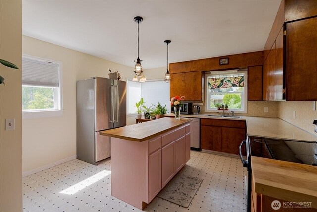 1328 Grant St, Walla Walla, WA 99362 - kitchen featuring stainless steel appliances, wood counters, light floors, and healthy amount of natural light
