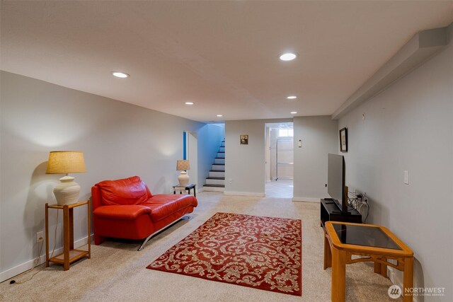 1328 Grant St, Walla Walla, WA 99362 - living room with recessed lighting, light colored carpet, and stairs