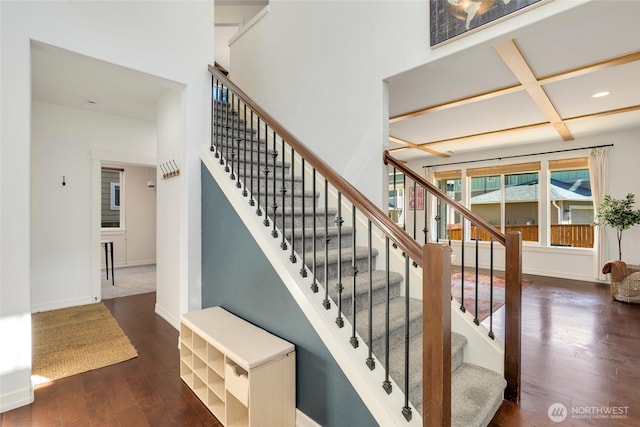 1803 65th Ct SE, Tumwater, WA 98501 - stairs featuring coffered ceiling, wood-type flooring, beam ceiling, and recessed lighting