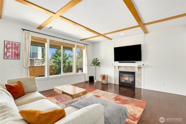 1803 65th Ct SE, Tumwater, WA 98501 - living area featuring coffered ceiling, beamed ceiling, a fireplace, recessed lighting, and hardwood / wood-style flooring