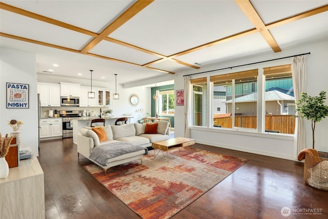 1803 65th Ct SE, Tumwater, WA 98501 - living area with coffered ceiling, recessed lighting, dark wood-style floors, and beam ceiling