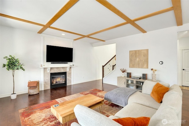1803 65th Ct SE, Tumwater, WA 98501 - living room with stairway, recessed lighting, wood finished floors, a fireplace, and beamed ceiling