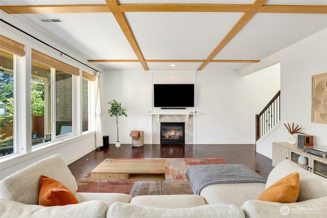 1803 65th Ct SE, Tumwater, WA 98501 - living area with wood finished floors, coffered ceiling, a fireplace, recessed lighting, and stairs