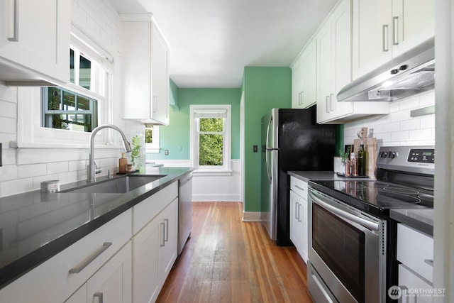 2110 N 88th St, Seattle, WA 98103 - kitchen with stainless steel appliances, under cabinet range hood, dark countertops, and white cabinetry