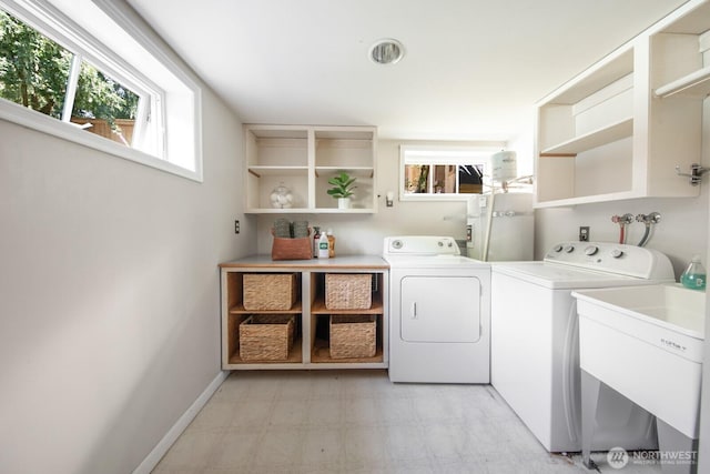 2110 N 88th St, Seattle, WA 98103 - laundry room featuring washer and clothes dryer, light flooring, and secured water heater