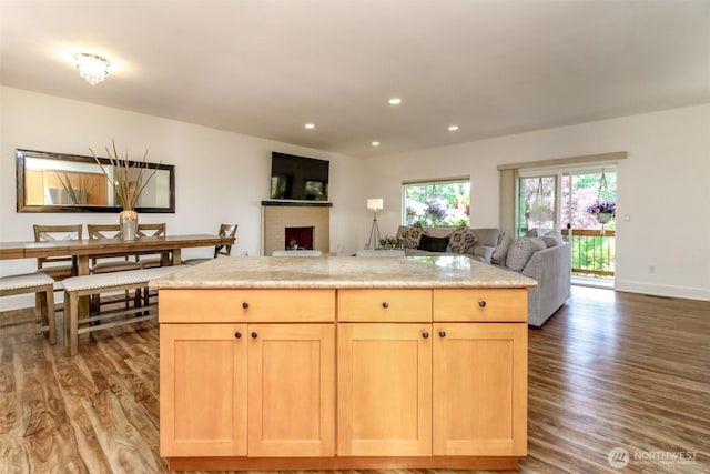 502 SW 326th St, Federal Way, WA 98023 - kitchen with open floor plan, wood finished floors, a fireplace, recessed lighting, and light countertops
