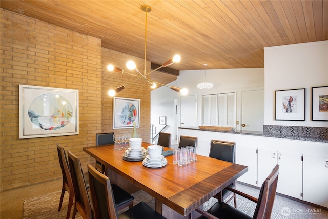 432 SW 206th St, Normandy Park, WA 98166 - dining area with brick wall, lofted ceiling, wood ceiling, a chandelier, and carpet flooring