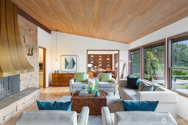 432 SW 206th St, Normandy Park, WA 98166 - living room with vaulted ceiling, wood finished floors, wooden ceiling, and a fireplace