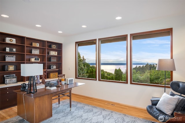 432 SW 206th St, Normandy Park, WA 98166 - home office featuring plenty of natural light, light wood-type flooring, recessed lighting, and a water view