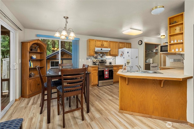 5626 29th Ct SE, Lacey, WA 98503 - kitchen with stainless steel electric stove, white fridge with ice dispenser, under cabinet range hood, a peninsula, and light wood finished floors