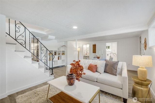 13247 2nd Ave NW, Seattle, WA 98177 - living room featuring stairway, wood finished floors, and recessed lighting