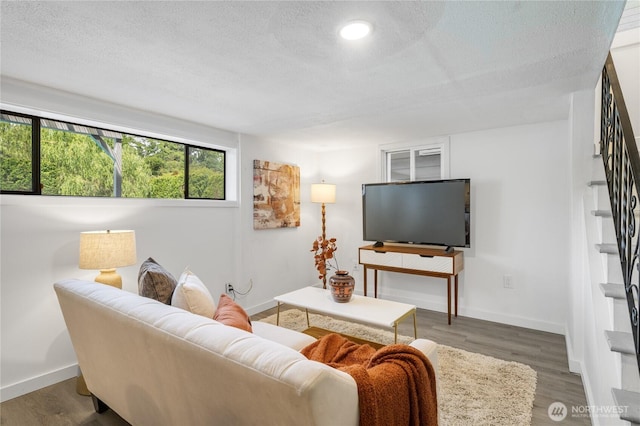 13247 2nd Ave NW, Seattle, WA 98177 - living area with stairway, a textured ceiling, wood finished floors, and recessed lighting